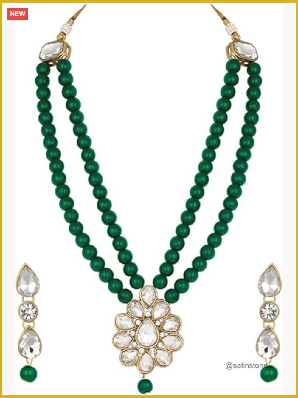 Faux Kundan Pendant Beaded Necklace Earrings Set Bollywood Indian Bharatanatyam